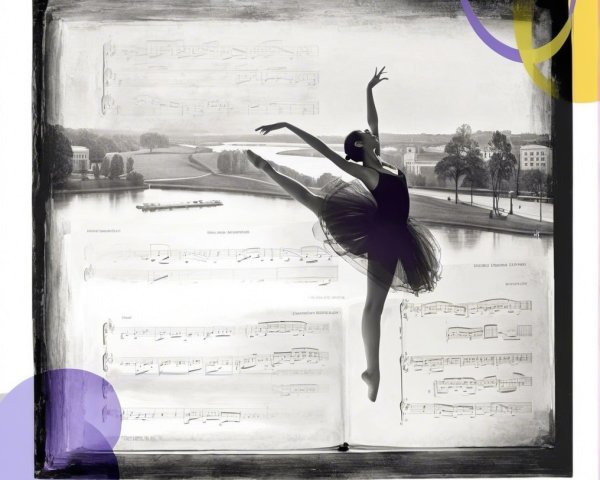 Ballet Dancer in Black Tutu with Musical Backdrop