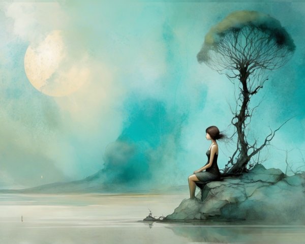 Solitary Figure by Tranquil Water Under Moonlight
