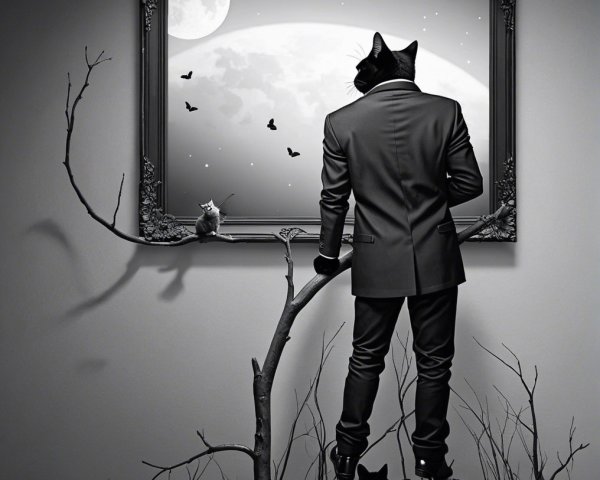 Mysterious Figure with Cat's Head in Moonlit Scene