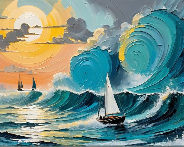 Vibrant seascape with turquoise waves and golden sunset