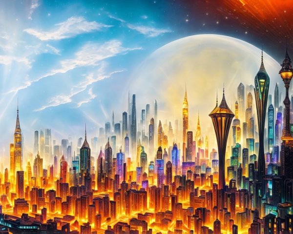 Futuristic cityscape with glowing skyscrapers and planet