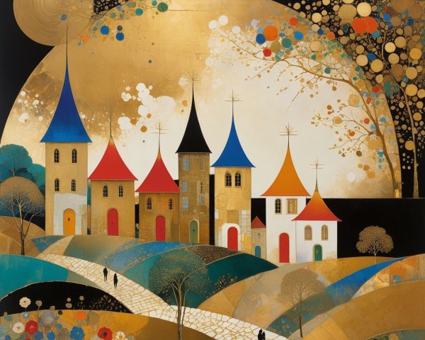 Whimsical Village with Colorful Houses and Golden Sky