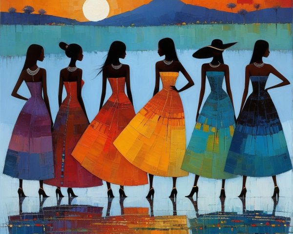 Sunset Landscape with Silhouetted Women in Dresses