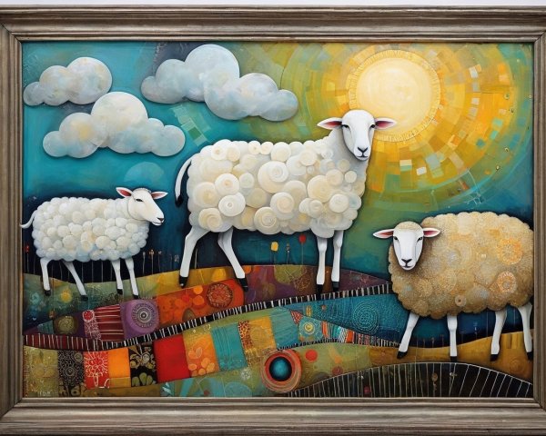 Colorful Painting of Three Sheep in Vibrant Landscape