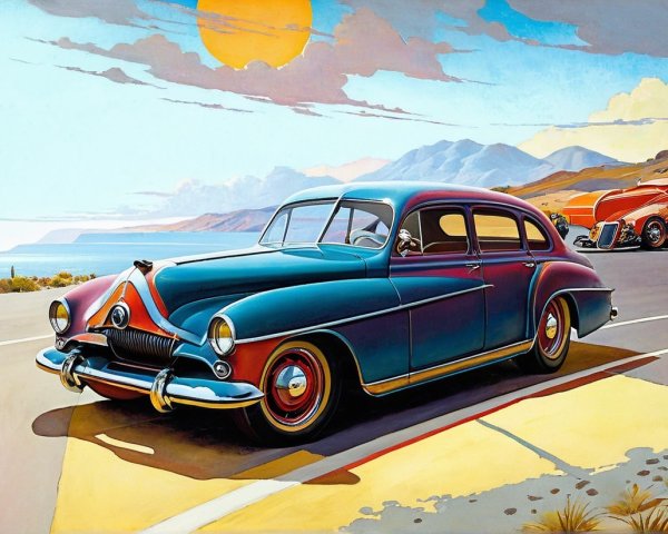 Vintage Car Against Coastal Sunset Scenery