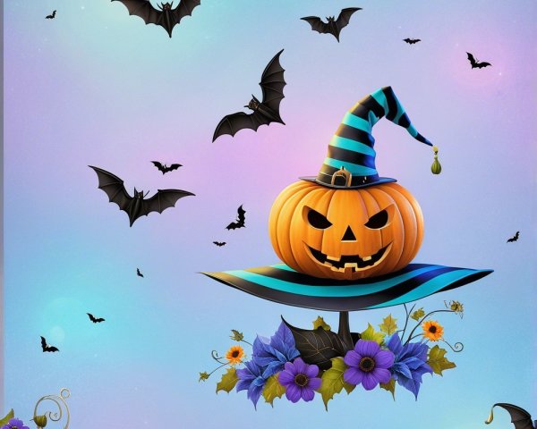 Whimsical Halloween Scene with Jack-o'-Lantern and Bats