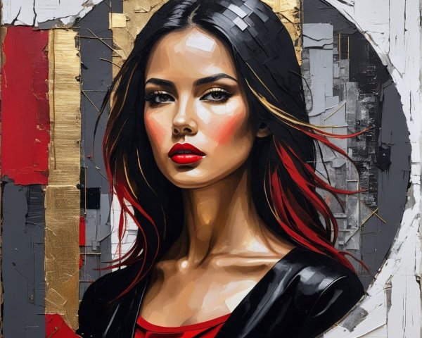 Portrait of a Woman with Dark Hair and Red Accents