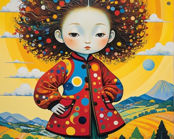 Whimsical Illustration of a Girl in a Vibrant Landscape