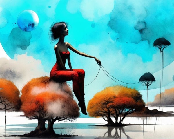 Whimsical Silhouette on Cloud Above Surreal Landscape