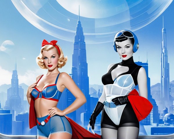 Glamorous Women in Futuristic Cityscape Setting