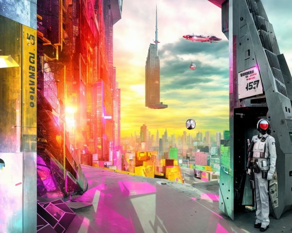 Futuristic cityscape with skyscrapers and neon lights