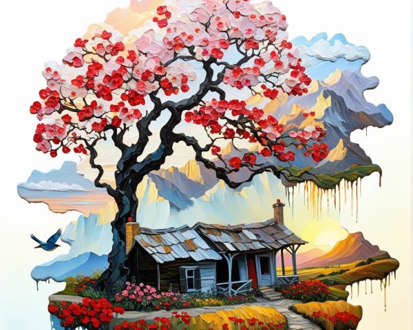 Vibrant Cherry Tree Landscape with Rustic Cabin