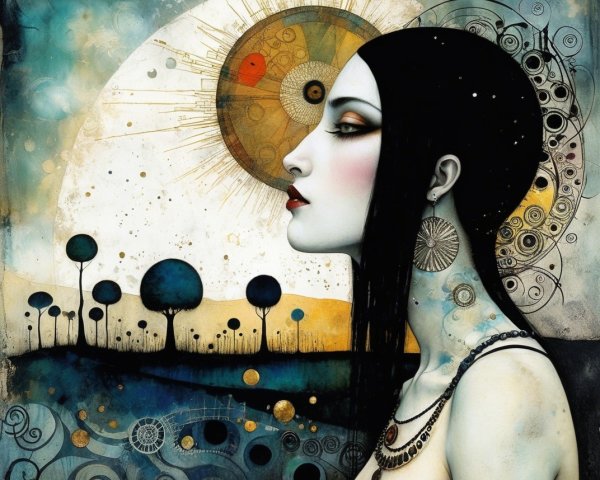 Profile of a Woman with Intricate Jewelry and Abstract Background