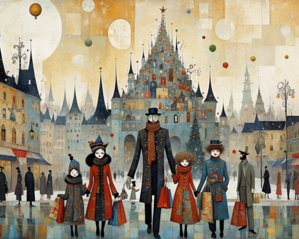 Oil Painting of Figures in Snowy City at Night