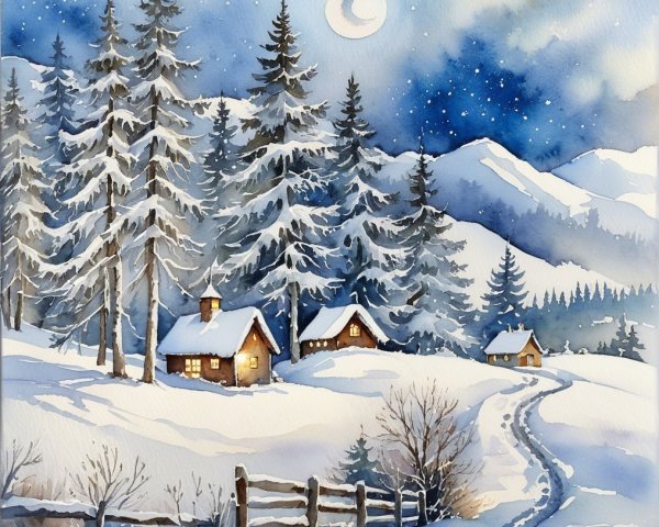 Winter Landscape with Cottages and Moonlit Sky