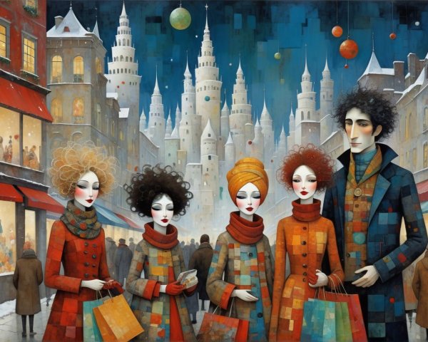 Figures in Cubist Style on a Snowy City Street