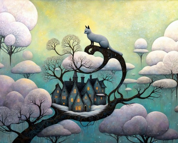Surreal painting of a gray cat on a snowy branch