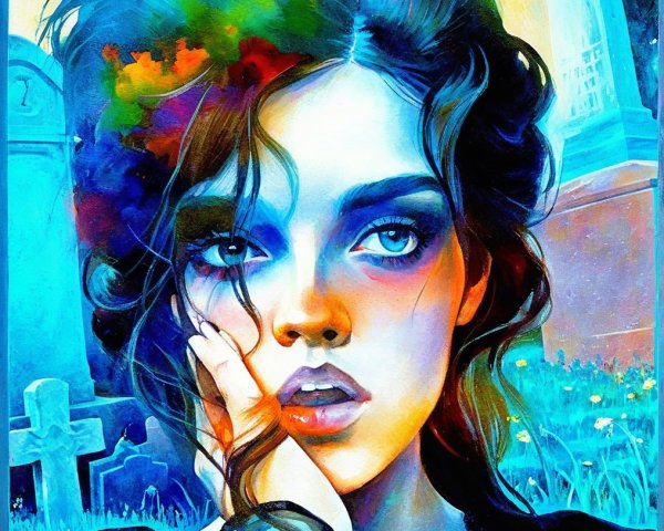 Portrait of a Young Woman with Colorful Hair and Graveyard