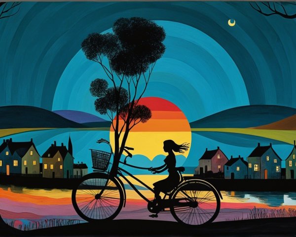 Vibrant Sunset Over Serene Landscape with Bicycle Rider