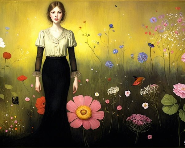 Young Woman in Floral Landscape with Soft Yellow Background