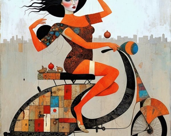 Stylized Woman on Vibrant Scooter in Urban Scene