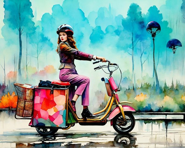 Watercolor Painting of Woman on Scooter with Cargo Box