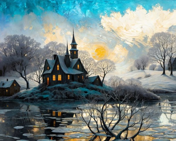 Gothic Winter Landscape with Snowy Lake and Houses