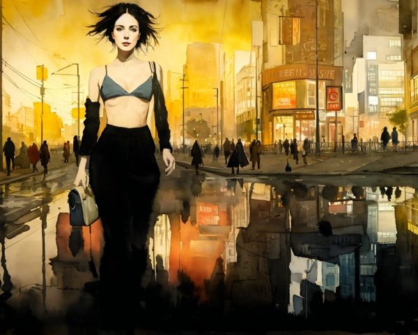 Urban Scene with Woman in Minimal Outfit and Reflections