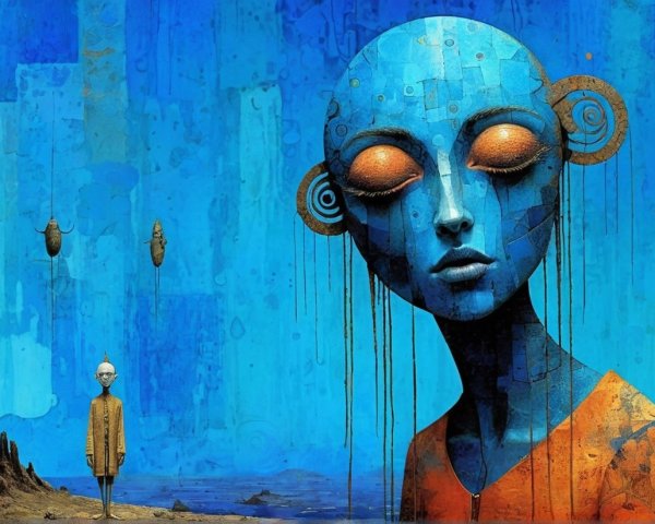 Surreal Landscape with Blue Humanoid and Abstract Background