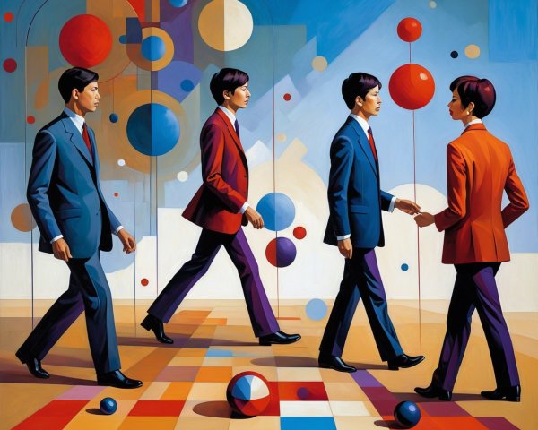 Cubist Painting of Figures in Suits on Checkered Floor