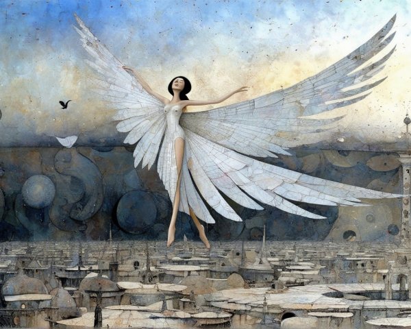 Ethereal Angel Figure Above Urban Cityscape