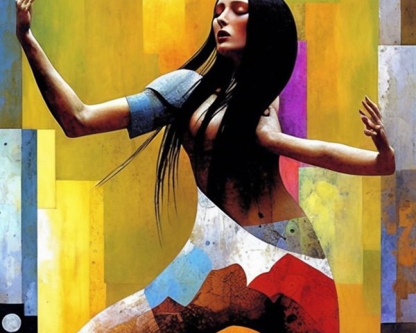 Stylized Figure in Vibrant Abstract Composition