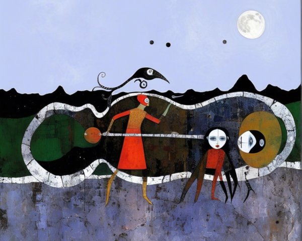 Stylized Figures in Serene Landscape with Moonlight