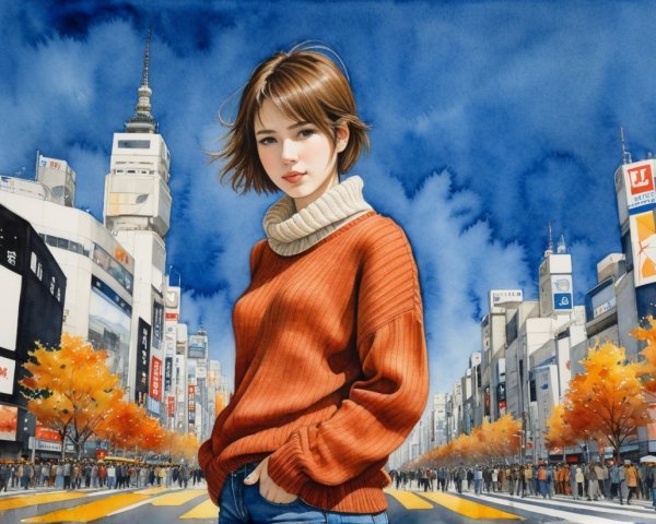 Young woman in orange sweater in urban street scene
