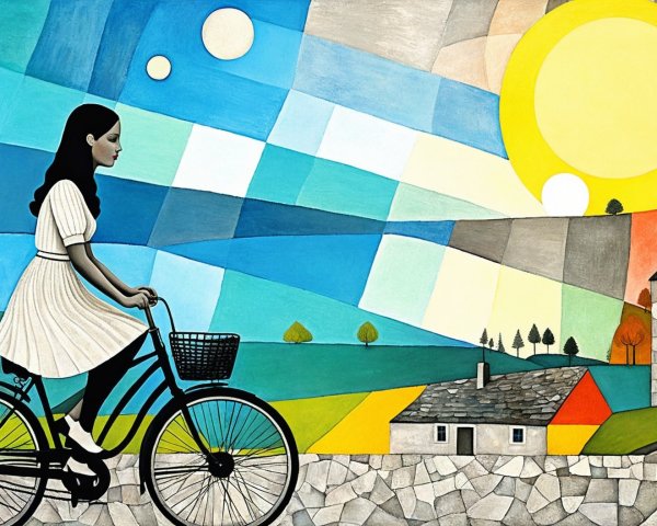 Folk Art Painting of Woman on Bicycle in Mosaic Landscape