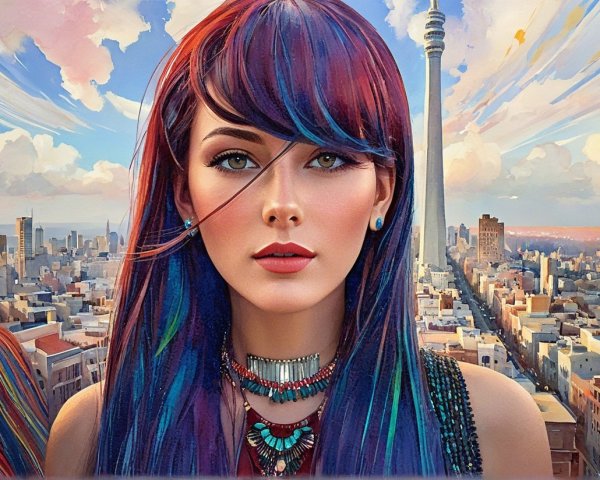 Portrait of a Woman with Colorful Hair in Cityscape
