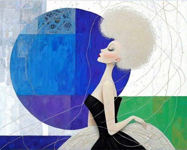 Elegant Woman in Black Dress with Geometric Background