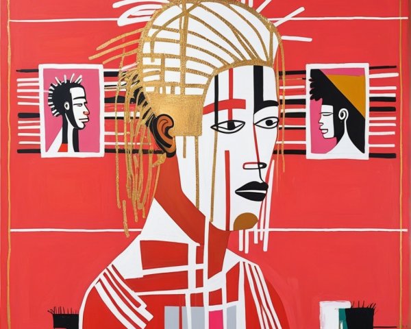 Stylized Figure with Golden Accents on Red Background