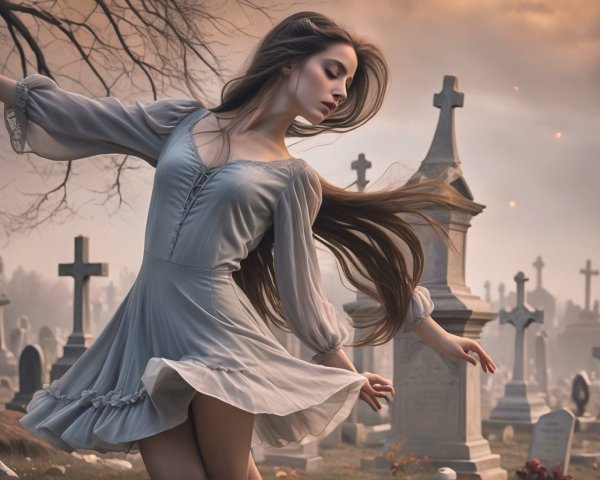 Young Woman Dancing in Misty Cemetery Setting