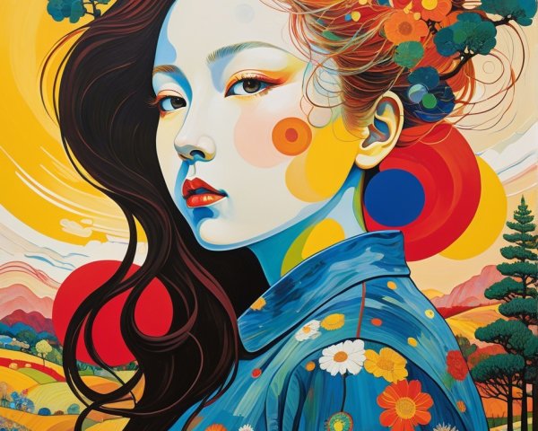 Portrait of a Woman with Black Hair and Abstract Colors