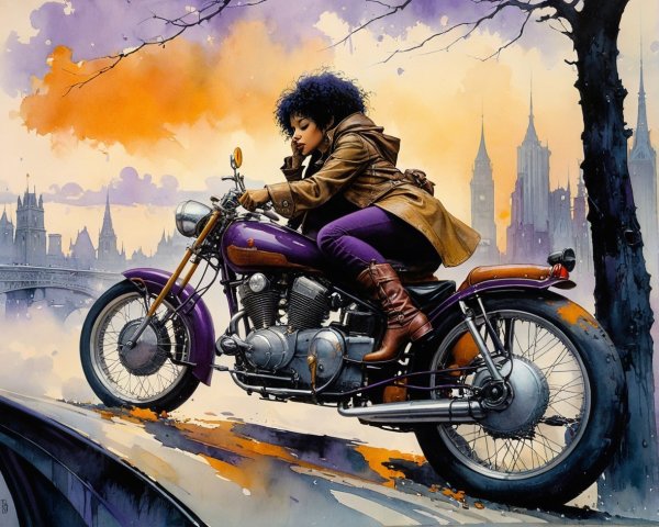 Watercolor Painting of Woman on Purple Motorcycle