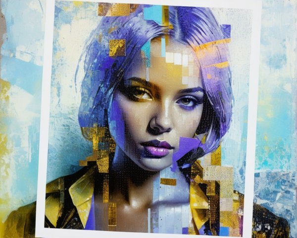 Portrait of a Woman with Purple-Streaked Hair and Colorful Overlay