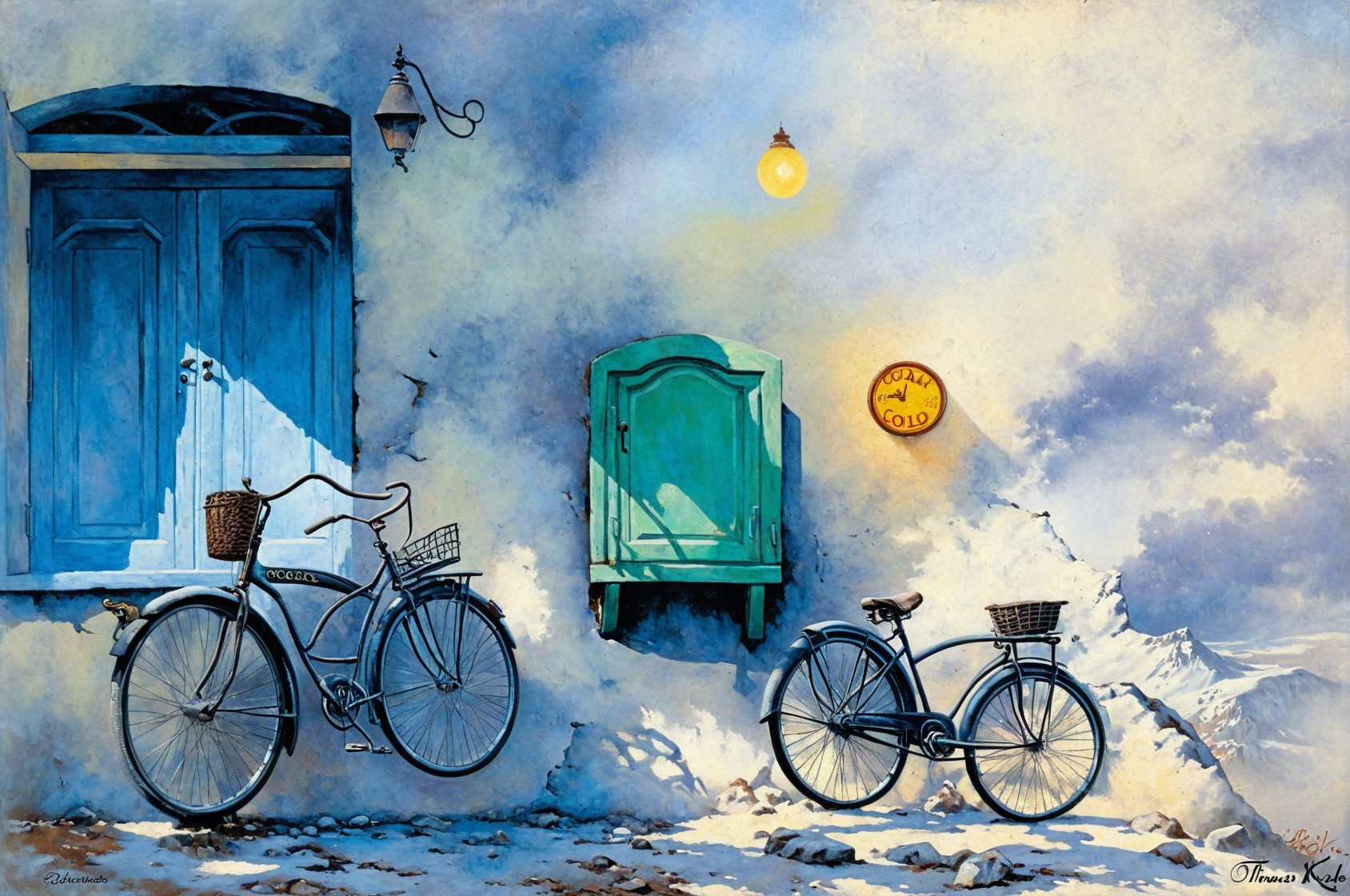 Snowy Landscape with Bicycles and Blue Building