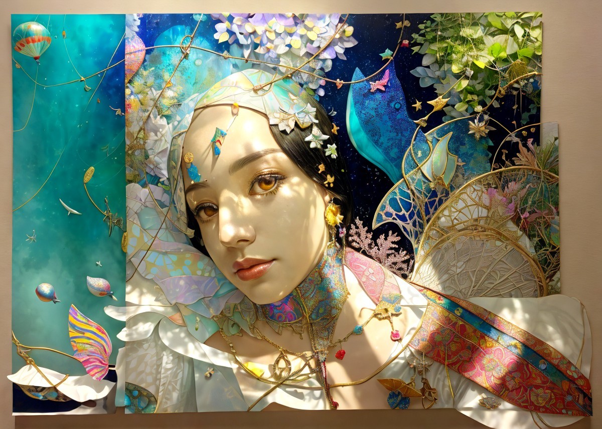 Colorful Artwork of Woman's Face with Floral Elements