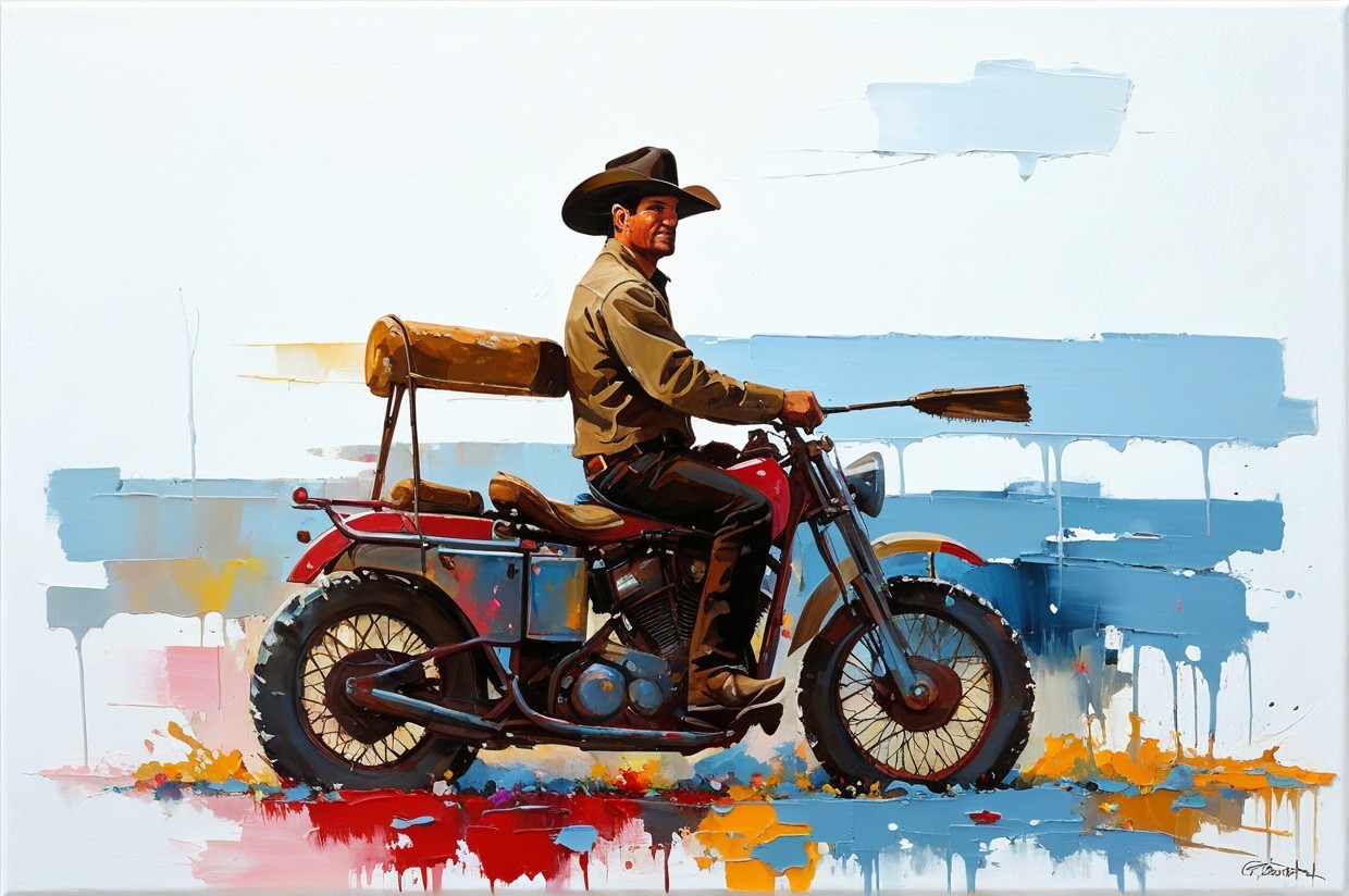 Cowboy on Vintage Motorcycle with Colorful Background