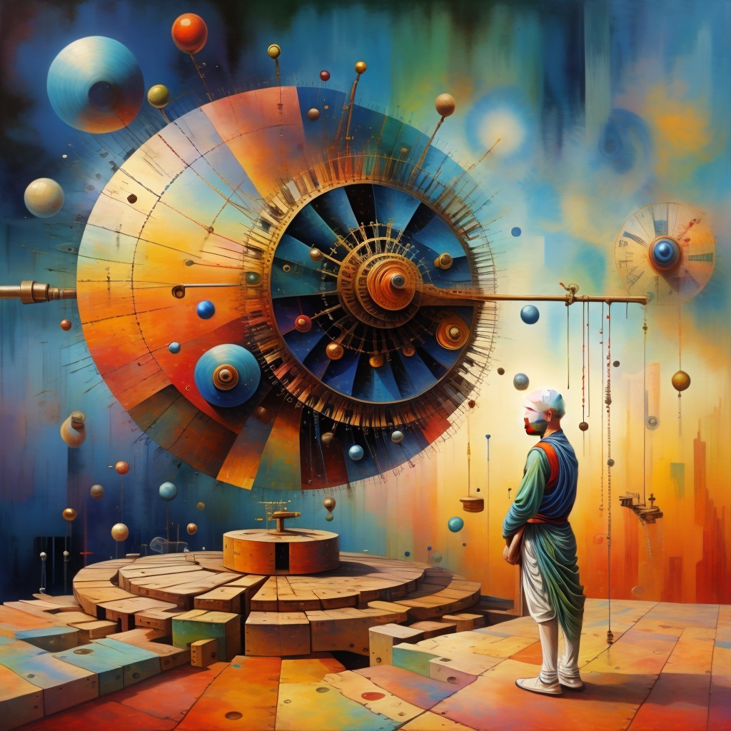 Surreal Scene with Historical Figure and Cosmic Clock