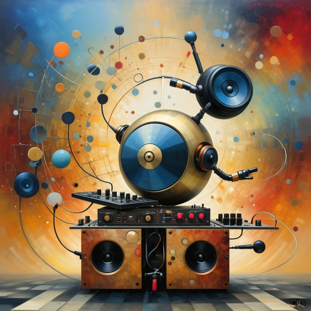 Whimsical Robot DJ at Vintage Turntable Setup