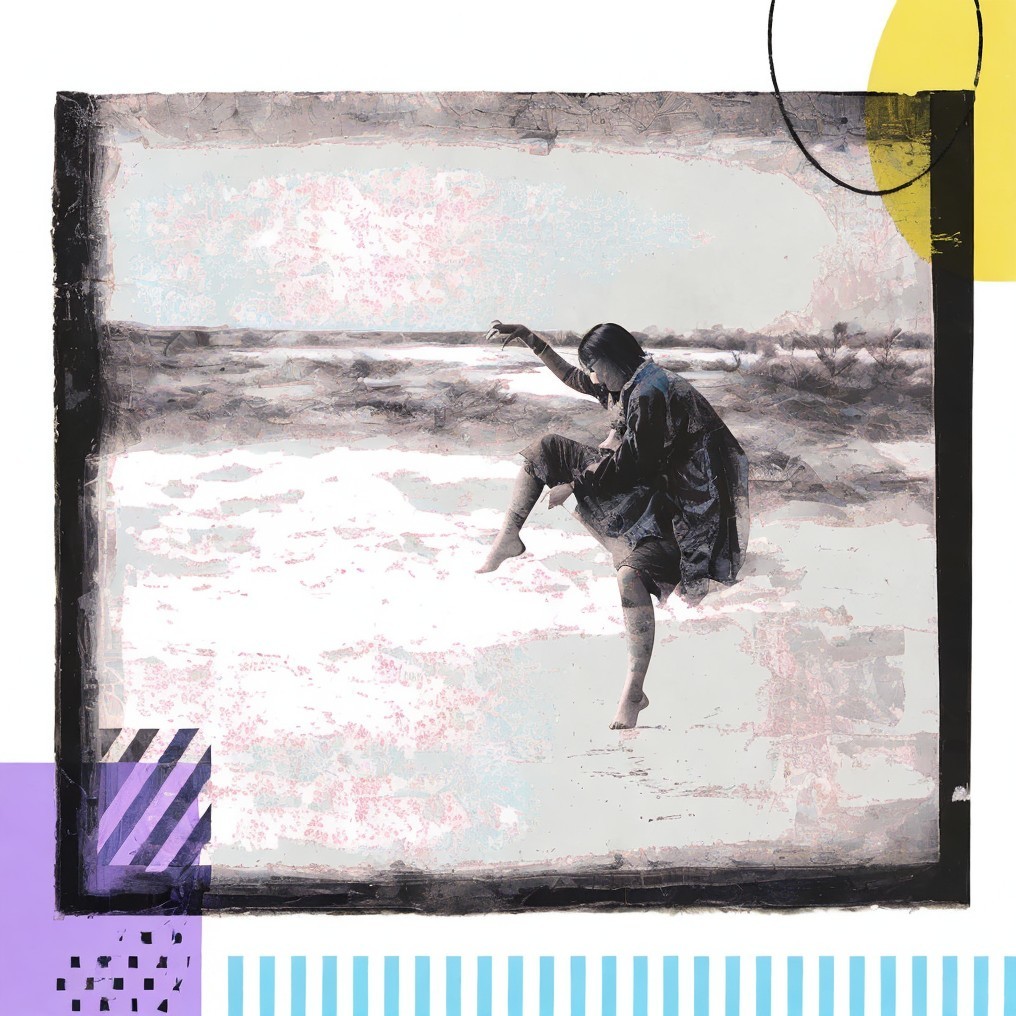 Playful Dance on Shoreline with Mixed Media Elements