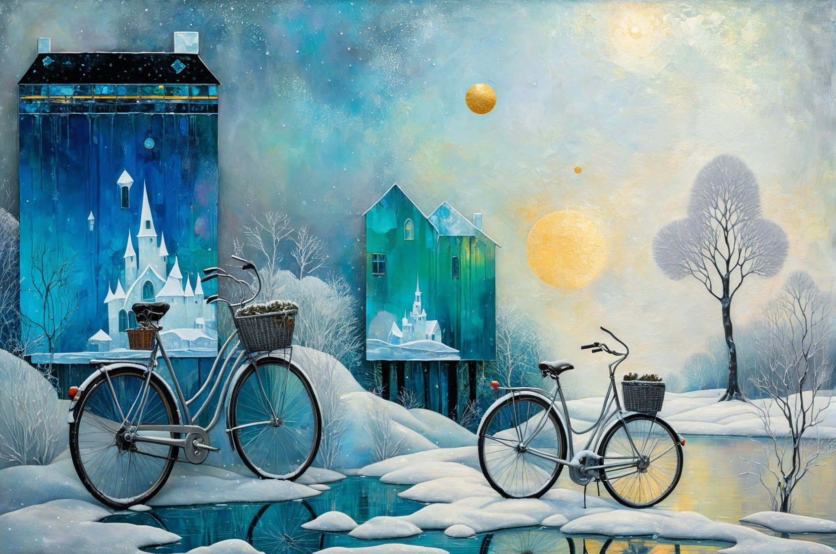 Whimsical Wintry Landscape with Dream-like Elements