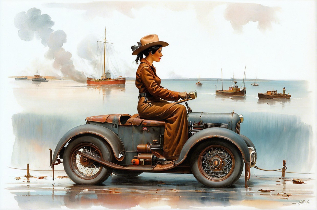 Vintage Elegance by a Serene Harbor with Classic Cars